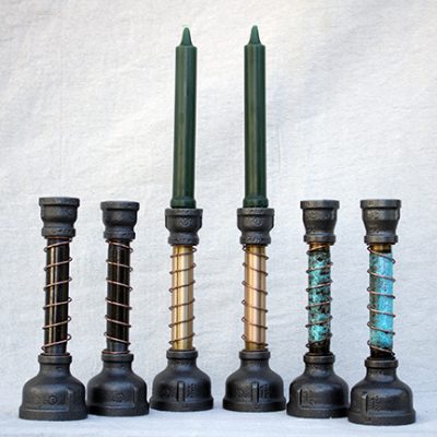 3 Pairs of Candlesticks - Steel, Copper and Patina